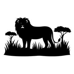 Lion Silhouette on the Savanna: A bold silhouette of a majestic lion stands proudly amidst the grasslands and trees of its natural habitat, creating a striking visual statement.