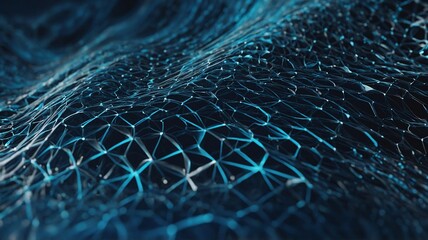 Abstract blue network of interconnected geometric shapes creating a dynamic and futuristic digital landscape.