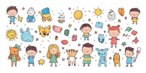Colorful big of set Children cartoon icon doodle style. Collection outline of Boys, Girls, Toys, Animals. Childish coloring Kindergarten.  simple elements isolated on white