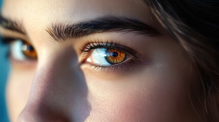 Fototapeta premium A close-up view of a captivating gaze showcasing warm amber eyes. The intricate details of the iris are mesmerizing. Explore the beauty of human expression. Generative AI