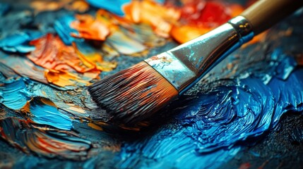 Fototapeta premium Artist Paintbrush on Vibrant Oil Paint Palette