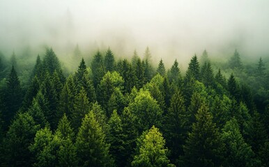 Aerial view of a dense forest with fog. Green tree canopy aerial shot. Landscape of green trees in a misty forest.