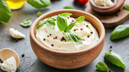 Creamy Ricotta Cheese with Fresh Basil and Colorful Spices