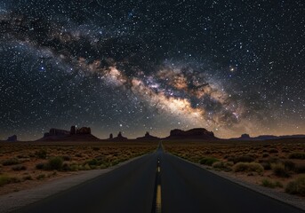 A captivating view of Monument Valley with the Milky Way stretching across the night sky above a lone road.