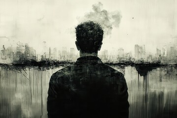 Man with Cityscape, Smoke, Despair, and Urban Art.