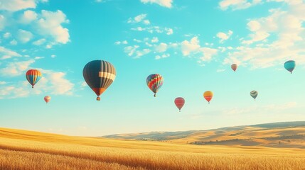 Naklejka premium Dreamy landscape with hot air balloons floating over golden wheat field