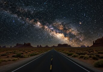 Naklejka premium Driving into the night: The Milky Way shines over the desert highway in Monument Valley.