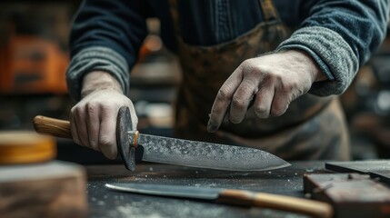 A blacksmith carefully examines a crafted knife in the workshop