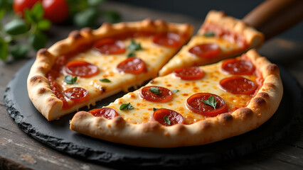 Delicious Pepperoni Pizza on Rustic Black Stone