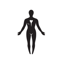 Human Figure Silhouettes with Heart Symbol – Minimalist Healthcare, Wellness, and Medical Concept Vector Icons Art & Illustration