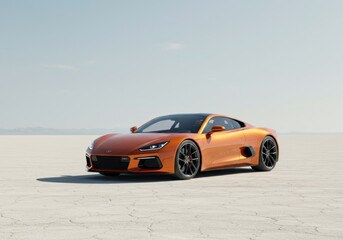 Fototapeta premium An orange sports car is parked on the Bonneville Salt Flats under a clear blue sky.