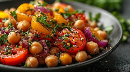 Fresh Mediterranean Chickpea Salad Loaded with Herbs, Spices, and Colorful Vegetables