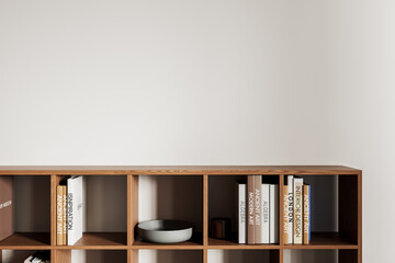 Minimalist wooden bookshelf with books and decor items in modern interior. 3D Rendering