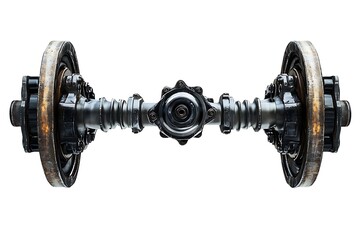 Train axle assembly on white background showcasing mechanical engineering and transportation design
