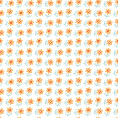 Seamless Pattern of Orange Flowers with Green Leaves on White Background