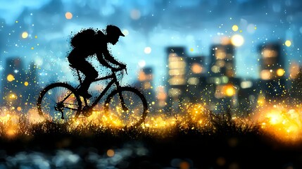 Night Cyclist Silhouette Riding Mountain Bike Against City Lights