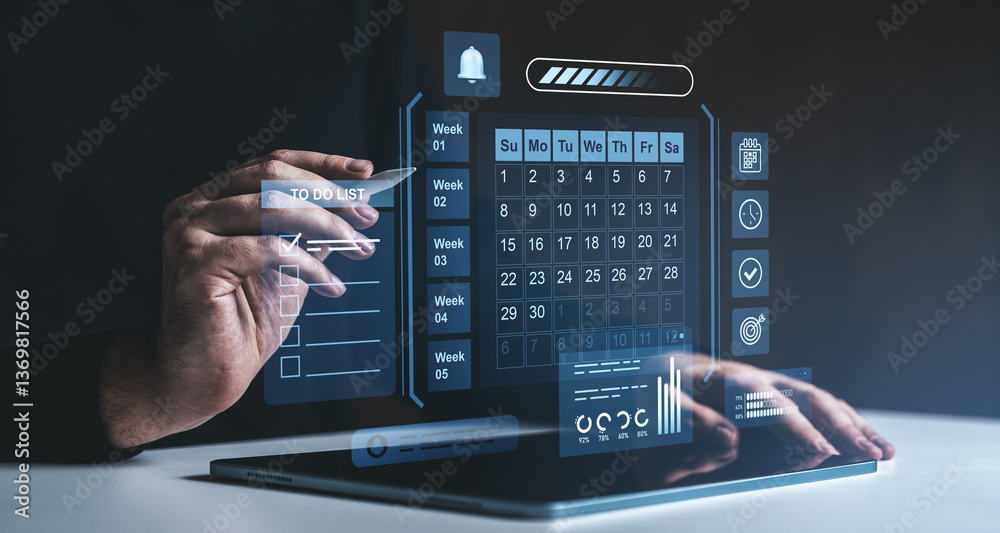 Poster futuristic digital planner interface with a transparent holographic display showing a calendar, task