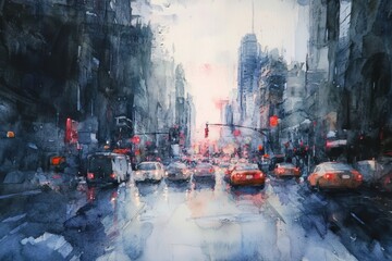 NYC Watercolor Sunset Rainy Cityscape.
