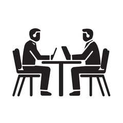 Minimalist Business and Office Icons – Silhouettes of Professionals Working on Laptops, Remote Work, Freelancer, and Corporate Meeting Symbol