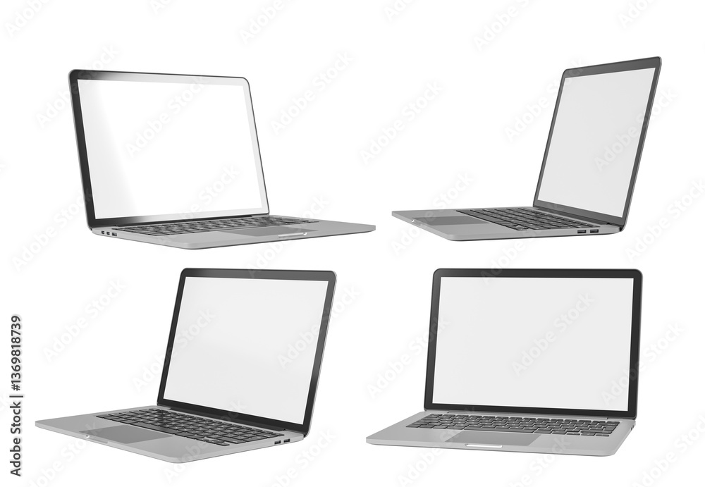Poster modern laptop mockup with blank screens in multiple angles. 3d rendering