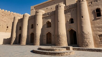 Obraz premium A stunning view of a historical mud-brick fort, showcasing ancient architecture and towering cylindrical towers against a clear blue sky.