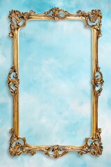 Ornate Vintage Gold Frame with Blank Space Against Soft Blue Background for Art Display
