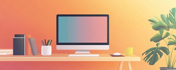 Modern home office setup featuring desktop computer, keyboard, mouse, and plant