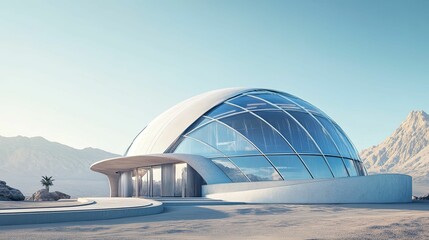 Obraz premium Futuristic dome structure, desert landscape, glass walls.