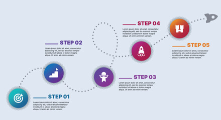 Modern infographic template for business presentations: step-by-step process with numbers, text blocks, and graphic elements for easy demonstration of a plan, strategy, or report.
