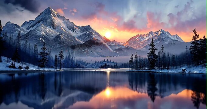 A serene mountain scene painted in pastels, where the first light of day kisses the snowy peaks, casting long shadows over the quiet, rugged landscape