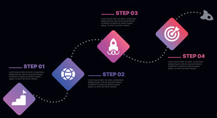 Modern infographic template for business presentations: step-by-step process with numbers, text blocks, and graphic elements for easy demonstration of a plan, strategy, or report.