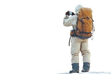 Backpacker taking picture with smartphone, outdoor adventure and exploration concept