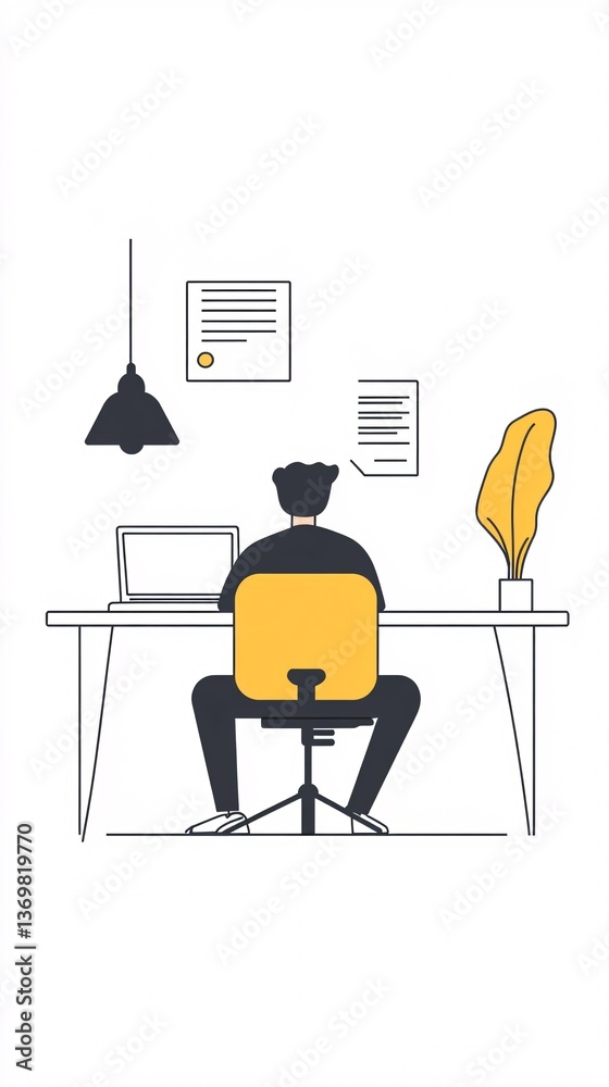 Poster Office worker sitting at desk using laptop and working on computer, back view