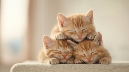 Fototapeta premium 幸せな表情で眠る三匹の茶トラ子猫 | 柔らか陽光