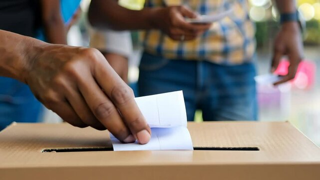 A voter is placing a ballot into a box at a community center, actively participating in the election process during the late afternoon hours.