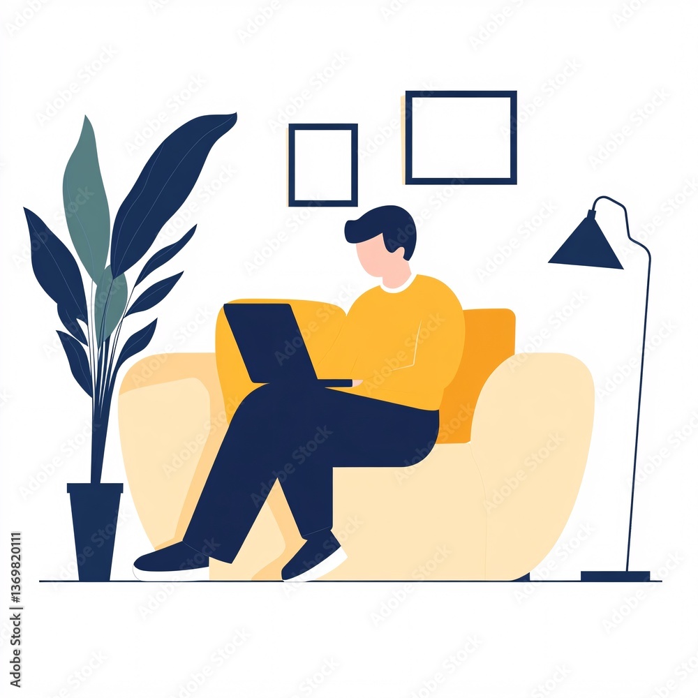 Poster freelancer working from home sitting on sofa using laptop