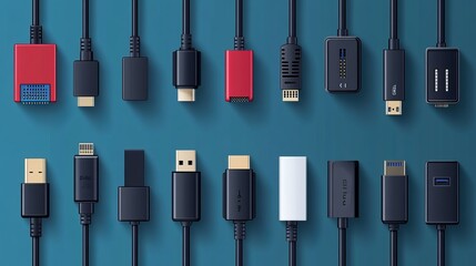 Naklejka premium A vector illustration showcasing various types of cables and computer ports, including realistic depictions of Type-C, Mini USB, Ethernet, HDMI, DisplayPort, Mini-Jack for microphone