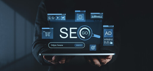 SEO digital marketing concept with holographic HUD interface displaying search optimization...