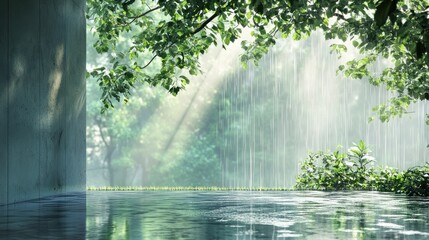 Rain falling on a serene and leafy green outdoor scene