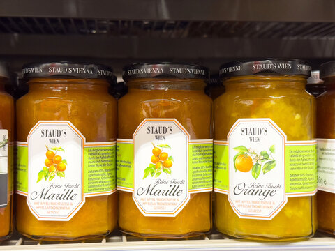 Staud's wien marmalade jars on shelf &ndash; marille and orange flavors