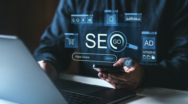 SEO digital marketing concept with holographic search engine optimization interface.