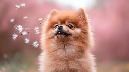 Fototapeta premium Fluffy Pomeranian, dandelion seeds, spring, pink background