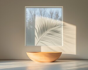 Sunlight for Palm Shadow, Wooden Bowl, Minimal Room.