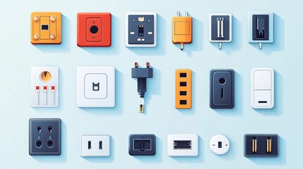 A 3D vector illustration featuring various socket and plug types, showcasing different electrical connectors and power outlets. It includes both European 