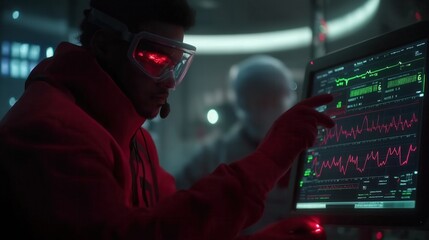 a scientist meticulously examining a complex data display in a high-tech laboratory setting. A futuristic and intense scene