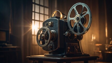 Naklejka premium An antique film projector stands prominently in a vintage setting, illuminated by warm, soft light, evoking nostalgia.