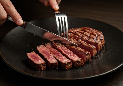 A juicy steak is being sliced on a dark plate by a chef using a knife and fork, ready to eat.