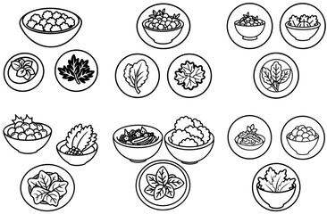 Black Outline Bowls and Plates with Food Icons, Line Art Food,