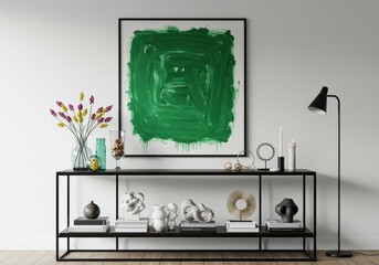 Stylish living room interior featuring a console table with a bold green abstract painting and decorative objects.
