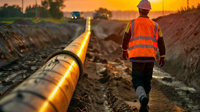 A construction worker in safety gear walks beside a freshly laid pipeline as the sun sets, illuminating the landscape with warm colors and highlighting the ongoing work.